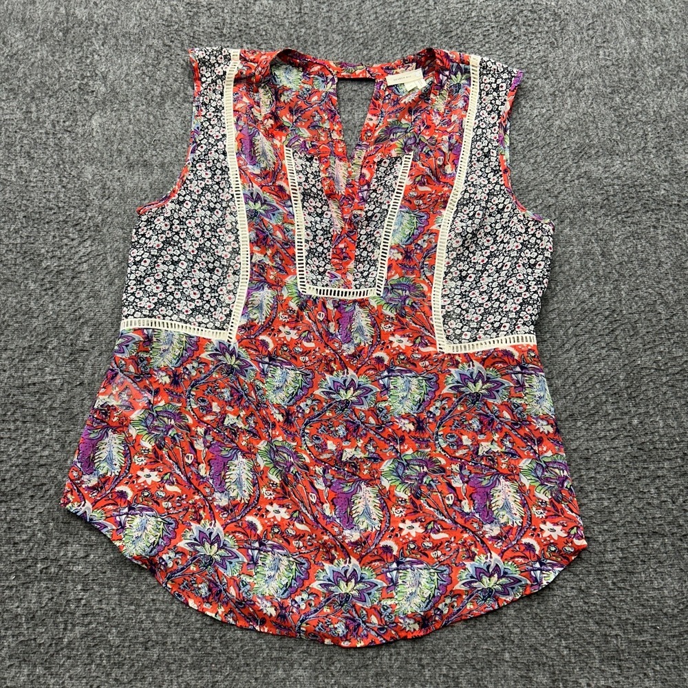 Meadow Rue Top Womens Medium Floral Sheer Crochet Trim Boho Casual